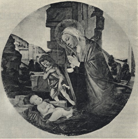 Anonimo — Filipepi Alessandro (Botticelli Sandro) - bottega - sec. XV - Madonna in adorazione del Bambino con san Giovannino — insieme